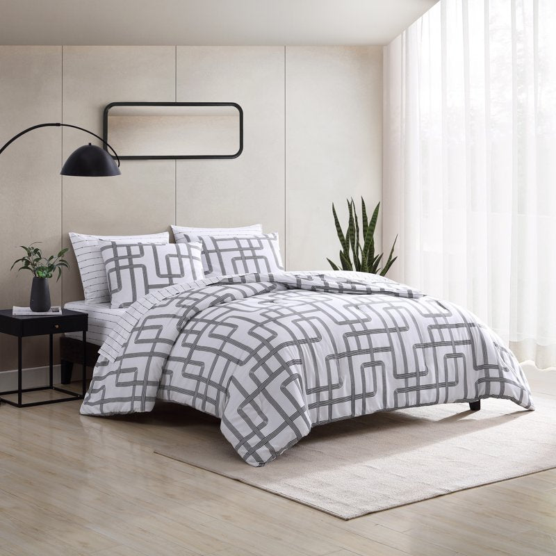 Reversible Twin Comforter Set with Subway Map Print - White Microfiber Bedding