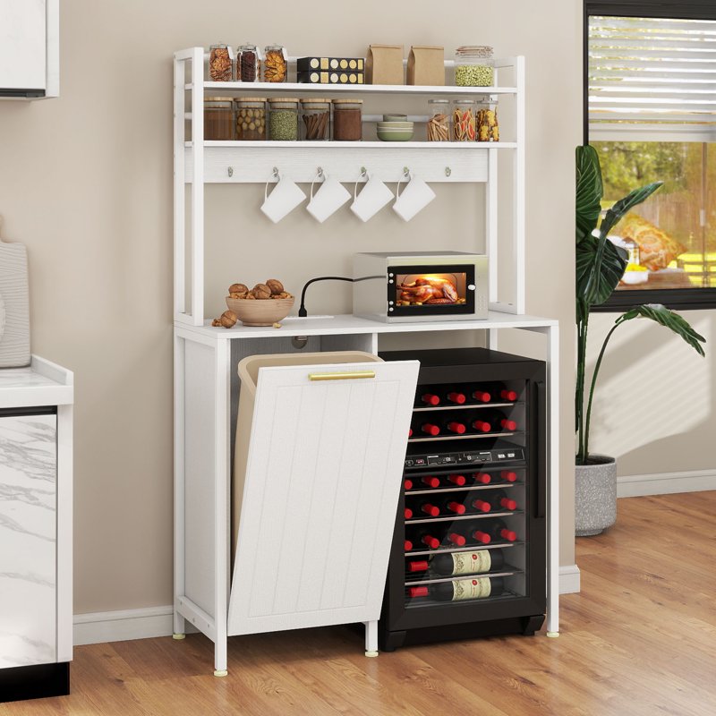 Mini Fridge Stand with Power Outlets & Trash Storage Cabinet - White