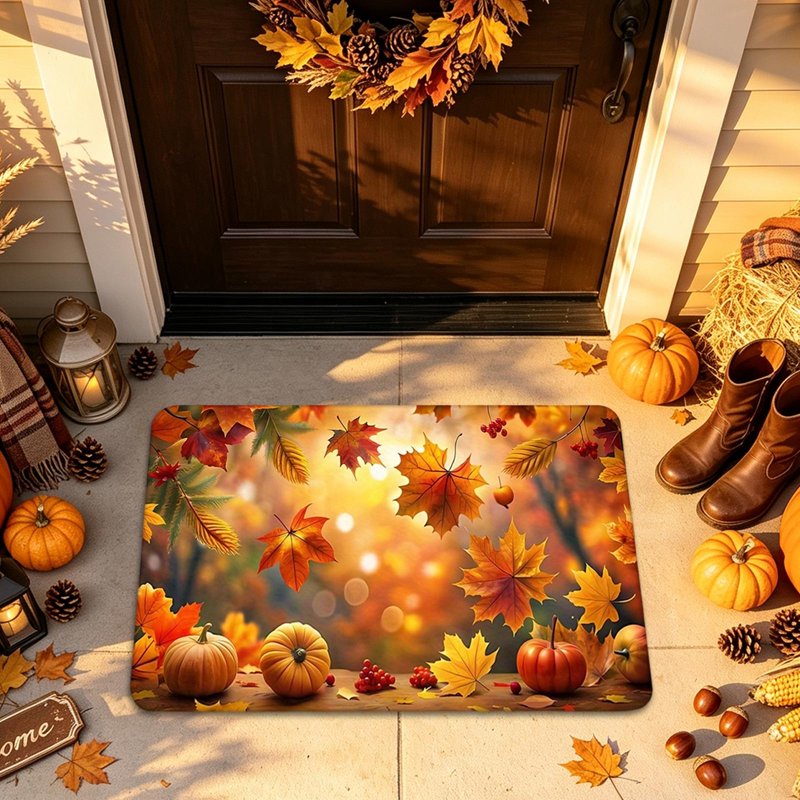 Thanksgiving Harvest Doormat with Maple Leaves & Pumpkins - Seasonal Front Door Mat - 15.75 x 23.62 Inch (C-i)