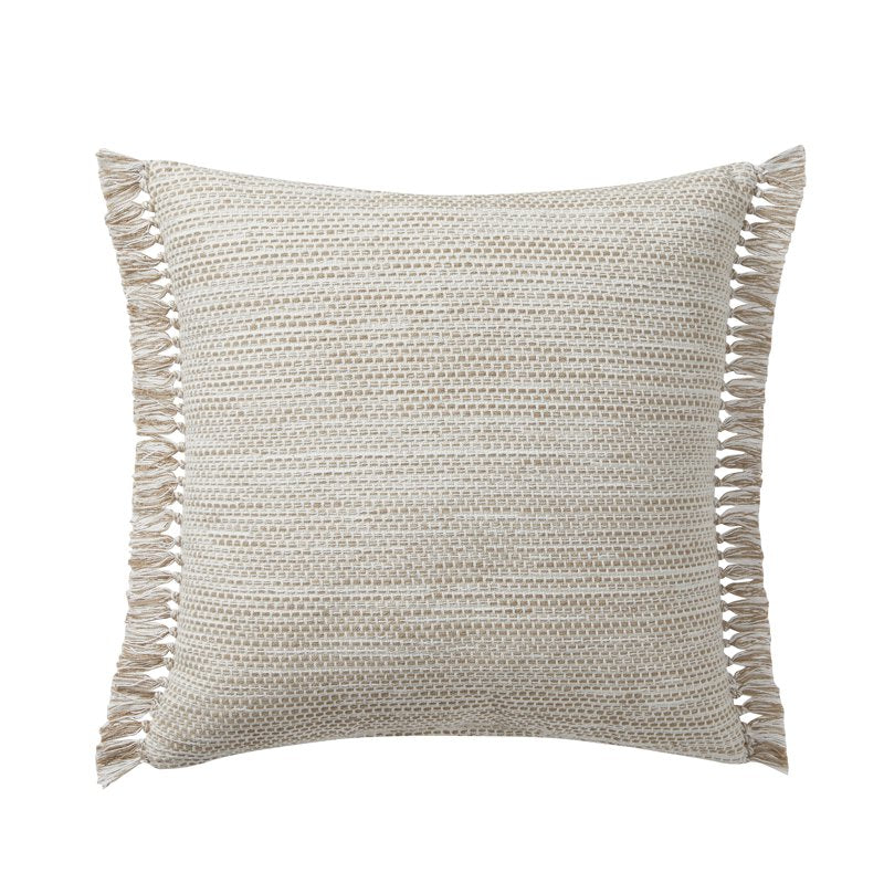Taupe Reversible Cotton Throw Pillow with Fringe & Plaid Stripes - 20x20 Inches