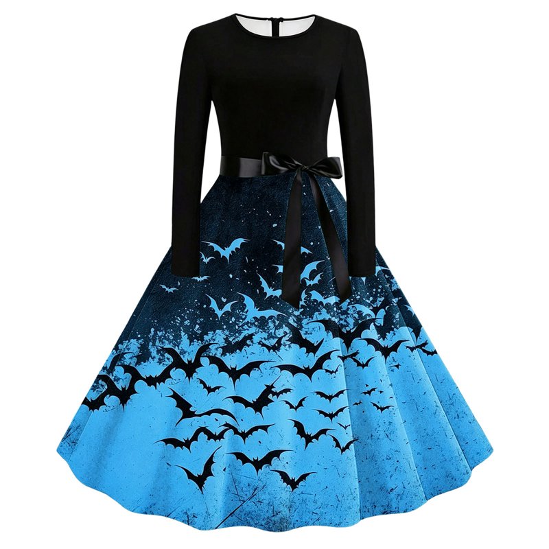 Women's Vintage Halloween Bat Print Swing Dress Sky Blue XL Retro Gothic 1950s Style