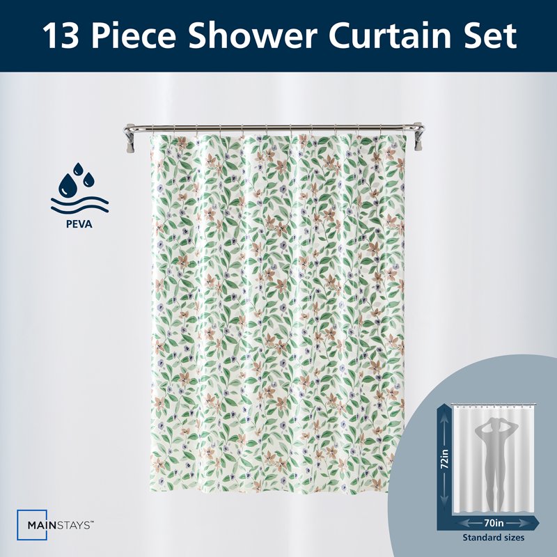 Mainstays Waterproof PEVA Shower Liner Set with 12 Metal Hooks - 70x72 Inches, Hazy Purple Floral