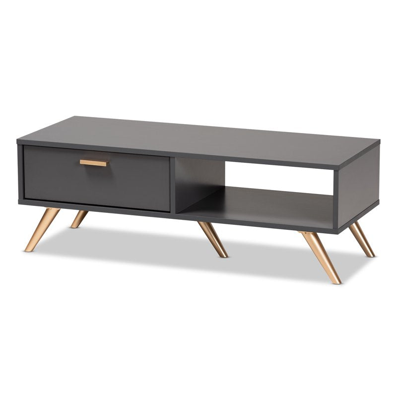 Modern Dark Grey and Gold Wood Coffee Table with Drawer