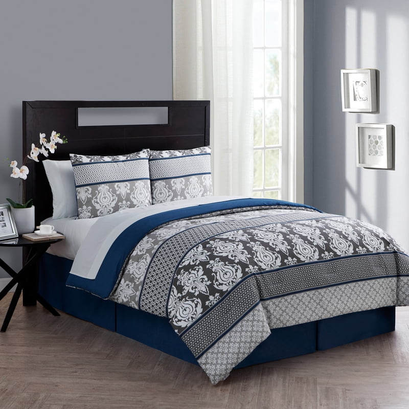 Queen Damask Bed-in-a-Bag Set - Blue Microfiber Bedding with Pillowcases & Bed Skirt