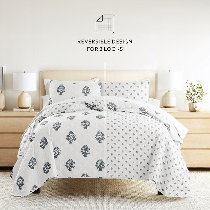 Queen Dusk Blue Reversible Quilt Set with Shams - Soft & Durable Bedding