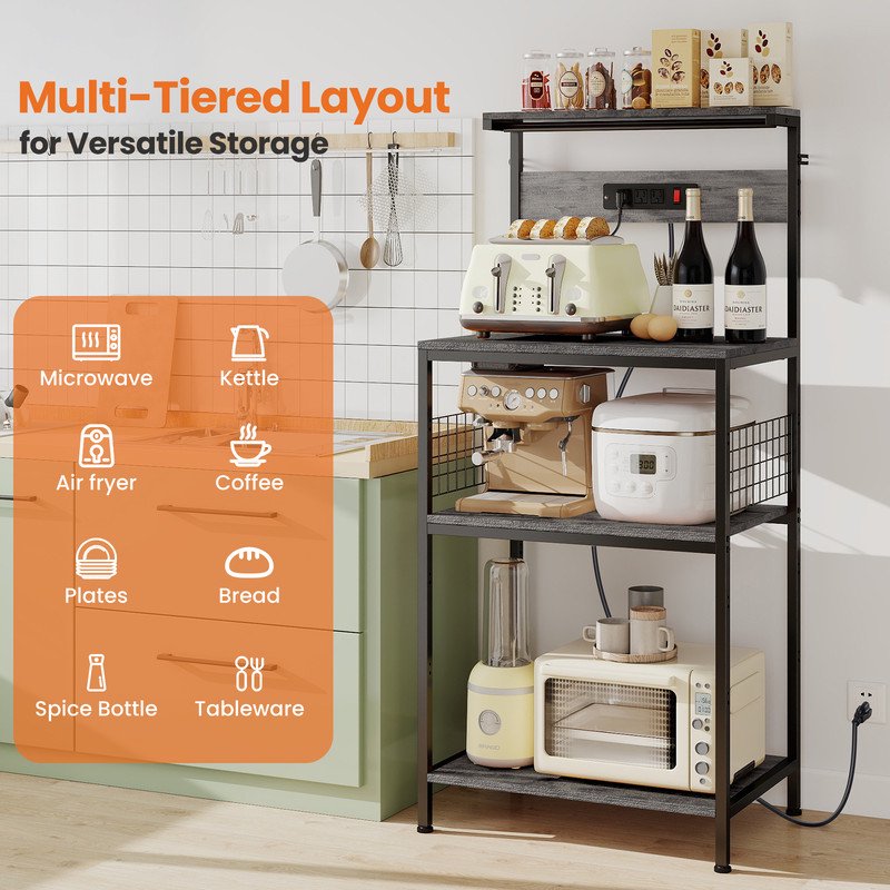 Baker’s Rack with Power Outlet - 4-Tier Kitchen Organizer, 23.6" x 15.7", Gray