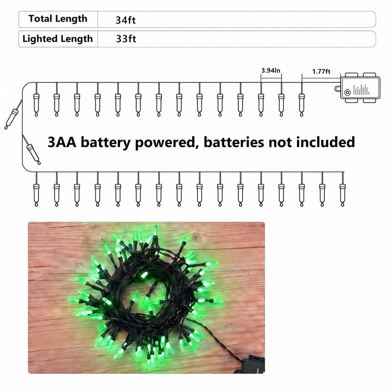 Halloween String Lights 33ft 100 LED Waterproof Green Battery-Powered Indoor Outdoor