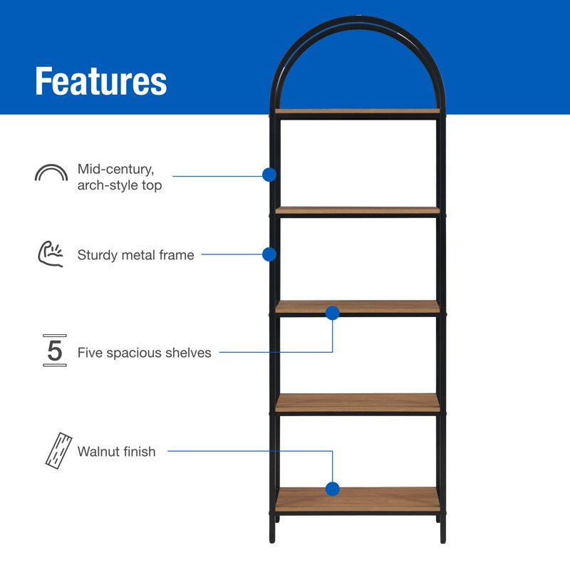 5-Shelf Metal and Wood Open Bookcase - Warm Walnut Finish