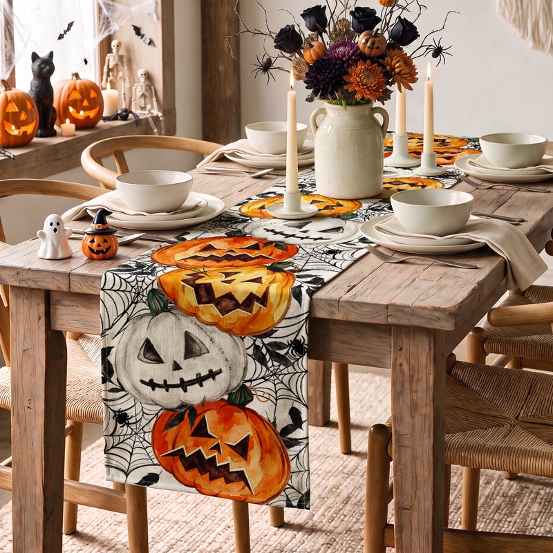 Halloween Table Runner 13 x 36 Inch Ghost Jack O Lantern Spiders - Beige