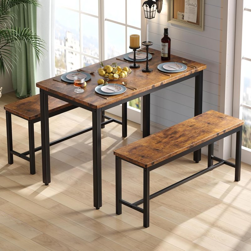 Space-Saving Dining Table Set for 4 with 2 Benches - Brown