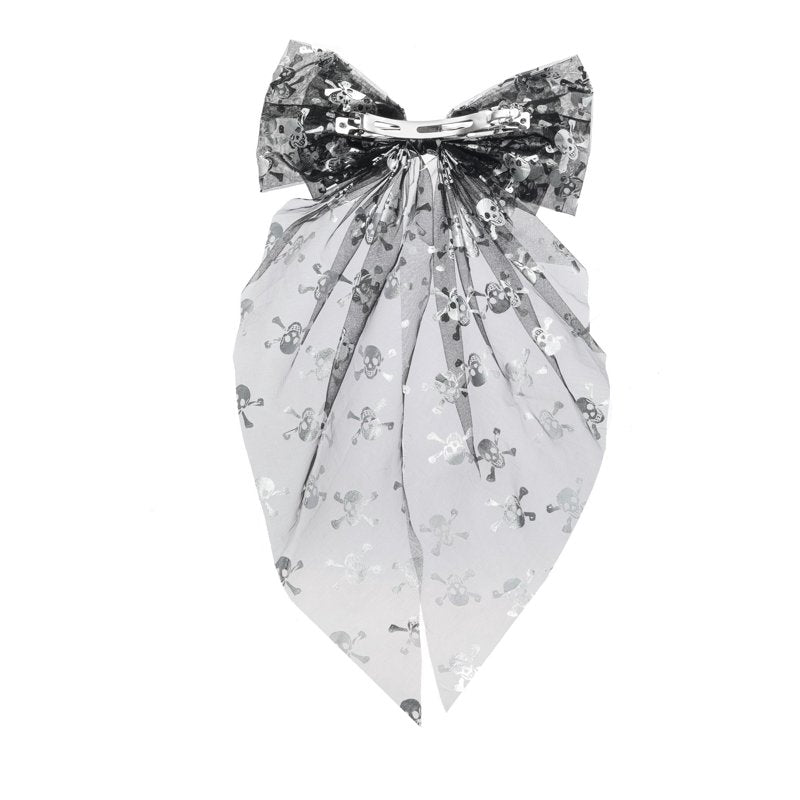 Halloween Metallic Skull Print Tulle Hair Bow Clip for Women