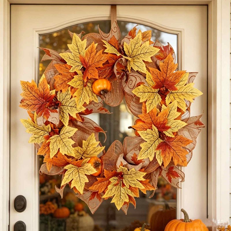 Fall Thanksgiving Pumpkin Maple Leaf Wreath Door Decor - Indoor Outdoor