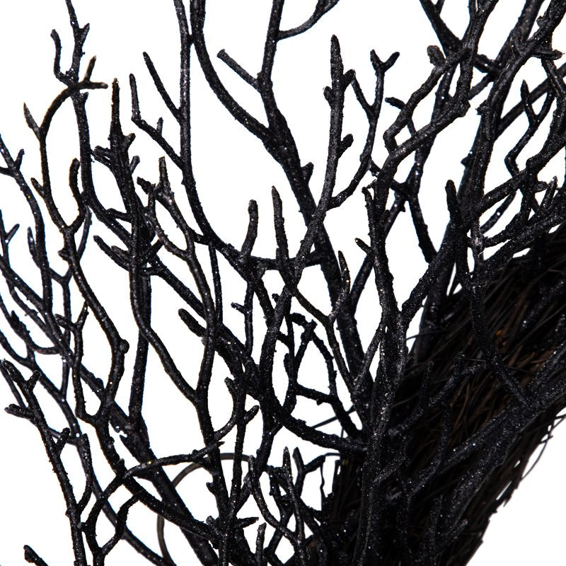 Black Glittered Twig Halloween Wreath - 24 Inch Unlit Decor for Door & Wall