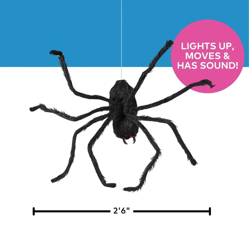 2.6 ft Animated Black Hairy Spider Halloween Decor - Motion & Lights