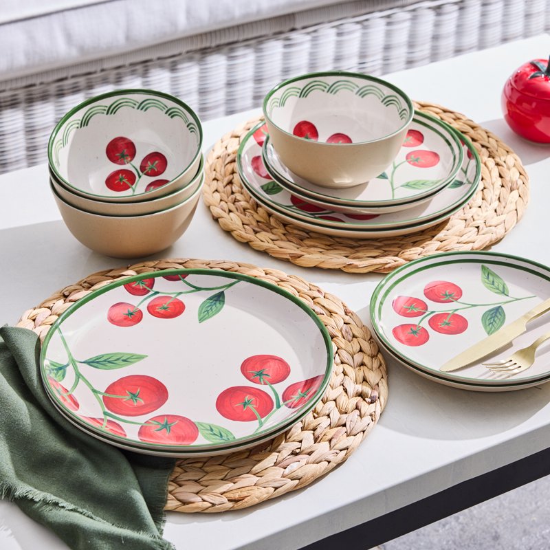12-Piece Reusable Bamboo Melamine Tableware Set - Tomato Beige