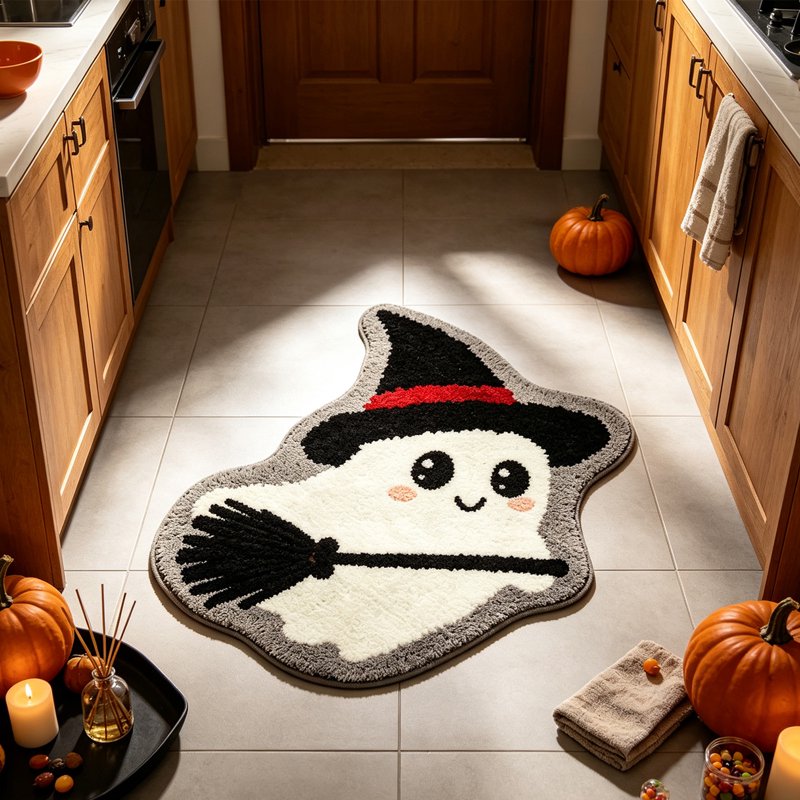 Halloween Ghost Doormat Broom B Style - Washable, Grip-Enhanced Floor Rug