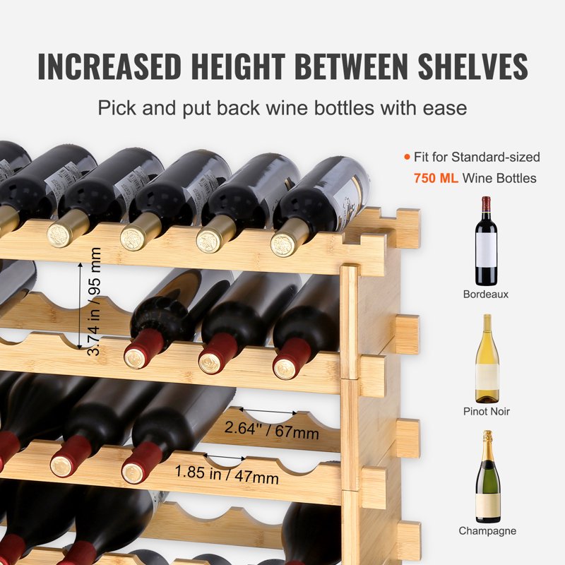 Stackable Modular Wine Rack - 48-Bottle Bamboo Storage Shelf