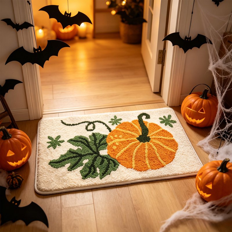 Halloween Pumpkin Bath Mat - Cute Plush Shaggy Rug for Bathroom & Kitchen - Variation C