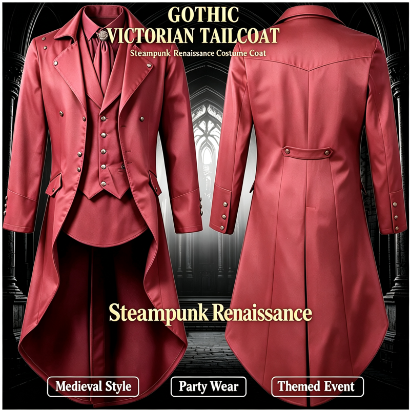 Men's Victorian Tailcoat with Faux Vest Layer - T-Red, Size S