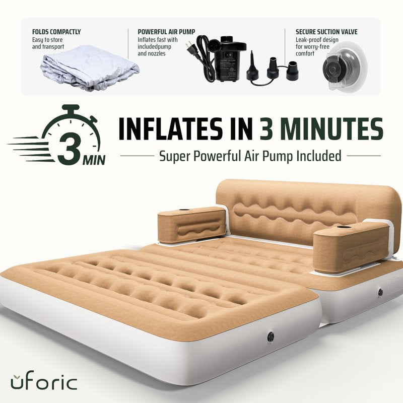 Queen Size 2-in-1 Inflatable Air Sofa Bed with Wave Headboard & Cup Holders - Khaki, Style4