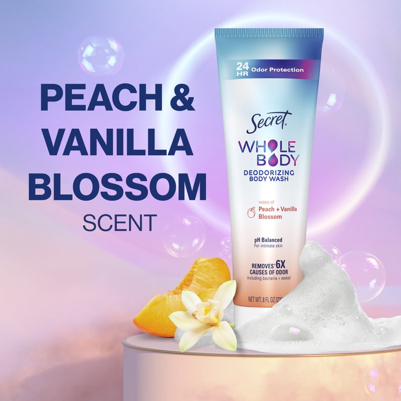 Feminine Wash Deodorizing Body Wash for Women - 24 HR Protection, Peach & Vanilla, 7oz
