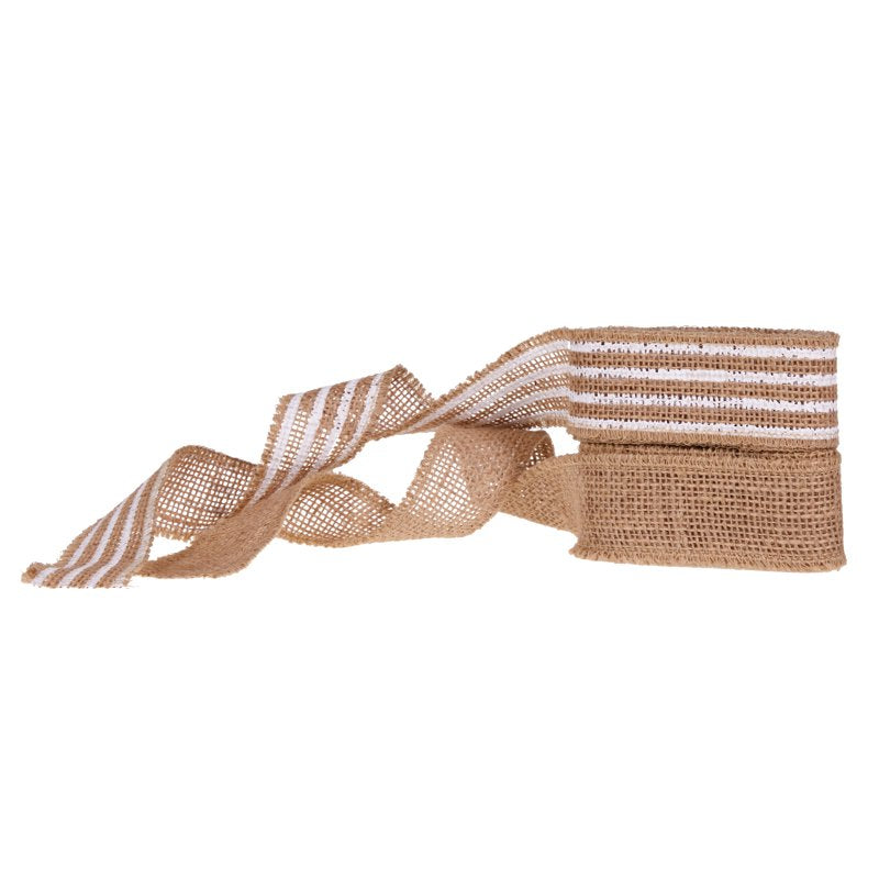 Natural & White Stripe Burlap Ribbon Set - 1.5 W x 3 Yds Craft Trim - Love Laugh Craft