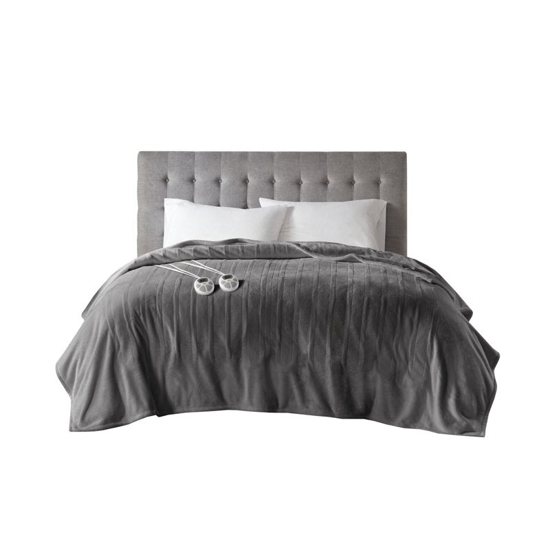 King Heated Blanket with Dual Controllers - Dark Grey Plush Electric Throw