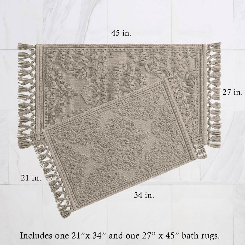 Cotton Fringe Bath Rug Set - Linen, 17 x 24 & 21 x 34 Inches - Jean Pierre Ricardo Collection