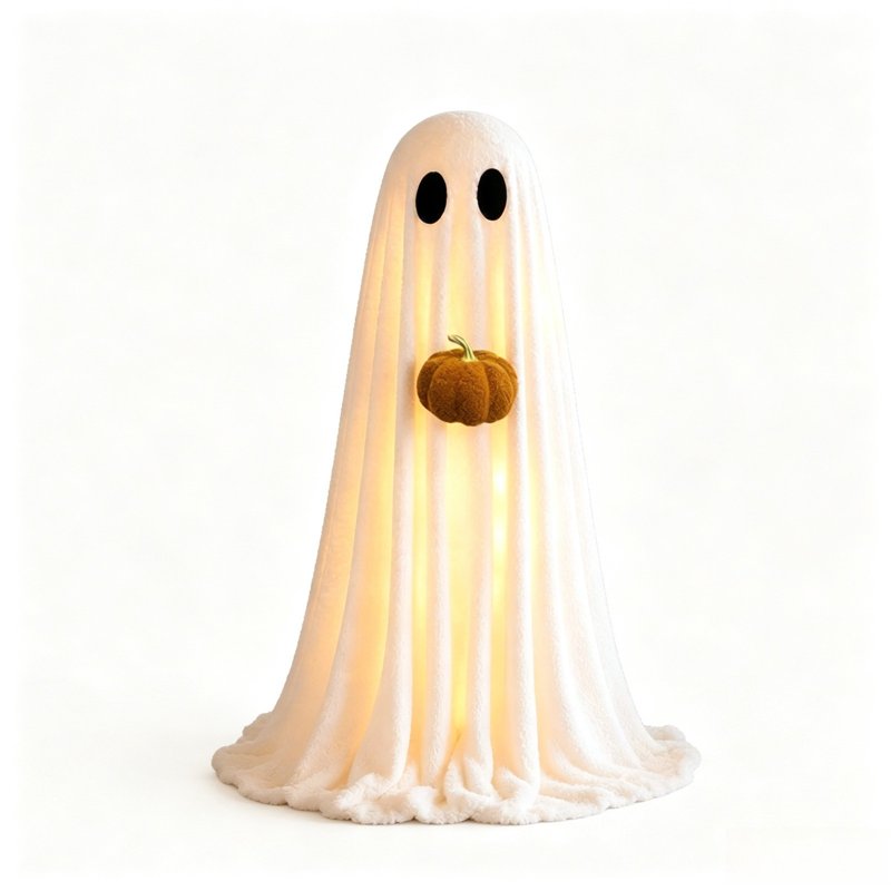 Lighted Ghost Prop Standing Halloween Decoration with Pumpkin, Adjustable Tripod, White, 3.6FT