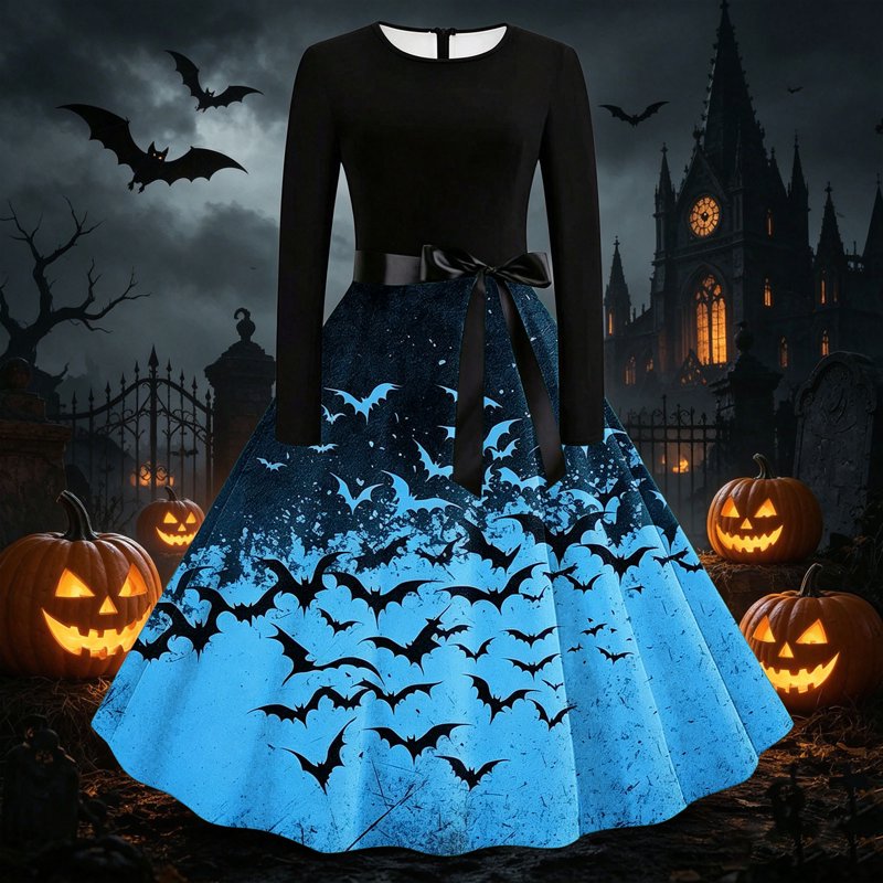 Women's Vintage Halloween Bat Print Swing Dress Sky Blue XL Retro Gothic 1950s Style