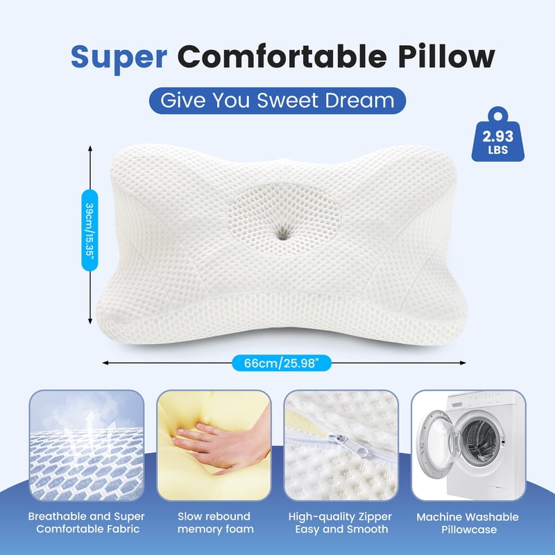 King Size Contour Memory Foam Pillow Set - Effective Neck Pain Relief & Cooling Support, 2 Pack, White