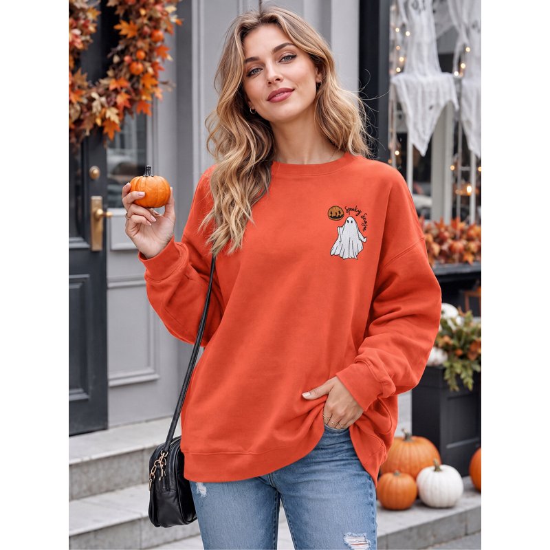 Halloween Sweatshirt Women Spooky Season Pumpkin Ghost Long Sleeve Pullover - Orange, L