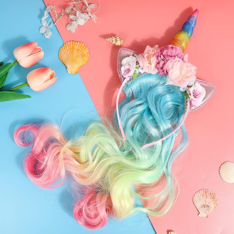 Unicorn Headband with Curly Hair Piece for Girls - Rainbow Party Hair Accessories - Variation of THIS listing