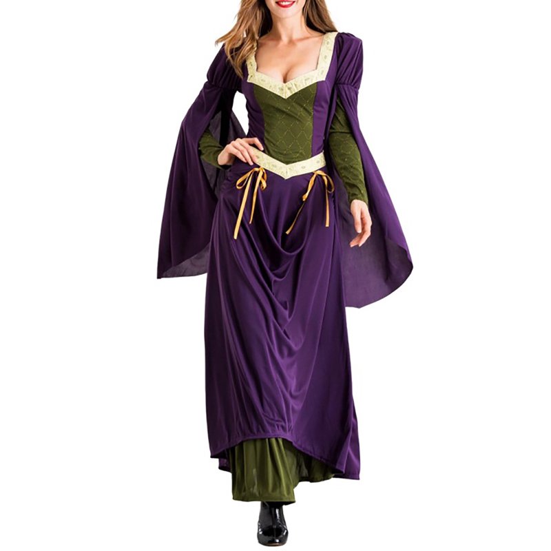 Purple Medieval Renaissance Dress Women Costume with Long Skirt & Stand Collar - Size M