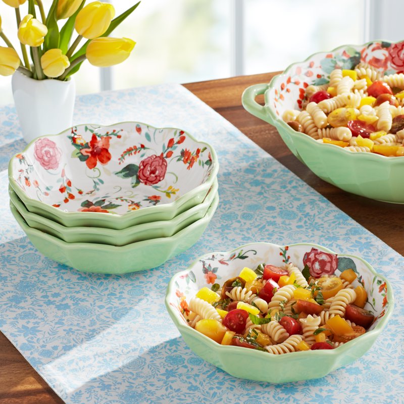 4-Piece Ceramic Pasta Bowl Set - Painted Meadow Green