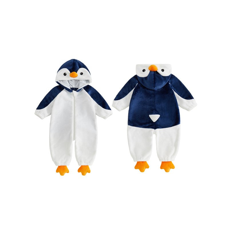 Baby Penguin Costume for 0-12 Months - Blue and White Plush Romper, Halloween Cosplay Outfit