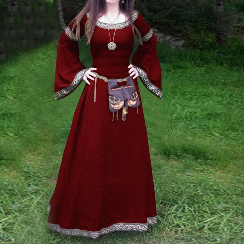 Women Medieval Renaissance Dress Long Sleeve Maxi Gown - Red 5XL