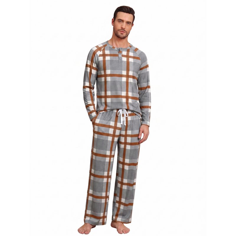Gray White Plaid Couple Pajama Set for Men and Women - M Size