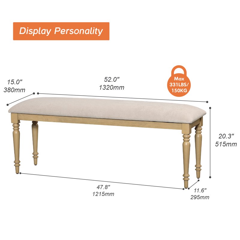 Upholstered Oak Bench - 52-Inch Farmhouse Style for Bedroom & Entryway
