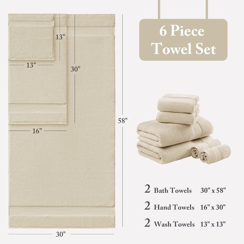 AsterOutdoor 6-Piece Turkish Cotton Bath Towel Set - Sand, 600 GSM Luxury & Absorbent