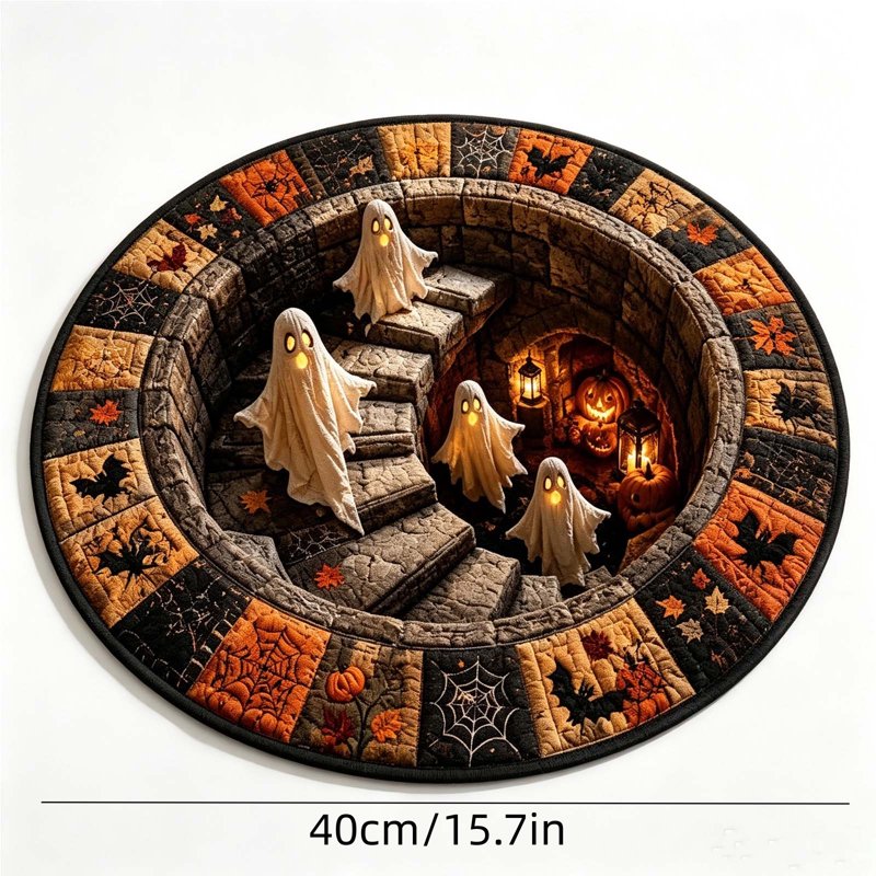 Halloween Optical Illusion Round Doormat 15.7x15.7in Scenic Staircase Rug with Ghosts and Pumpkins - OVFUIZ Variation 01