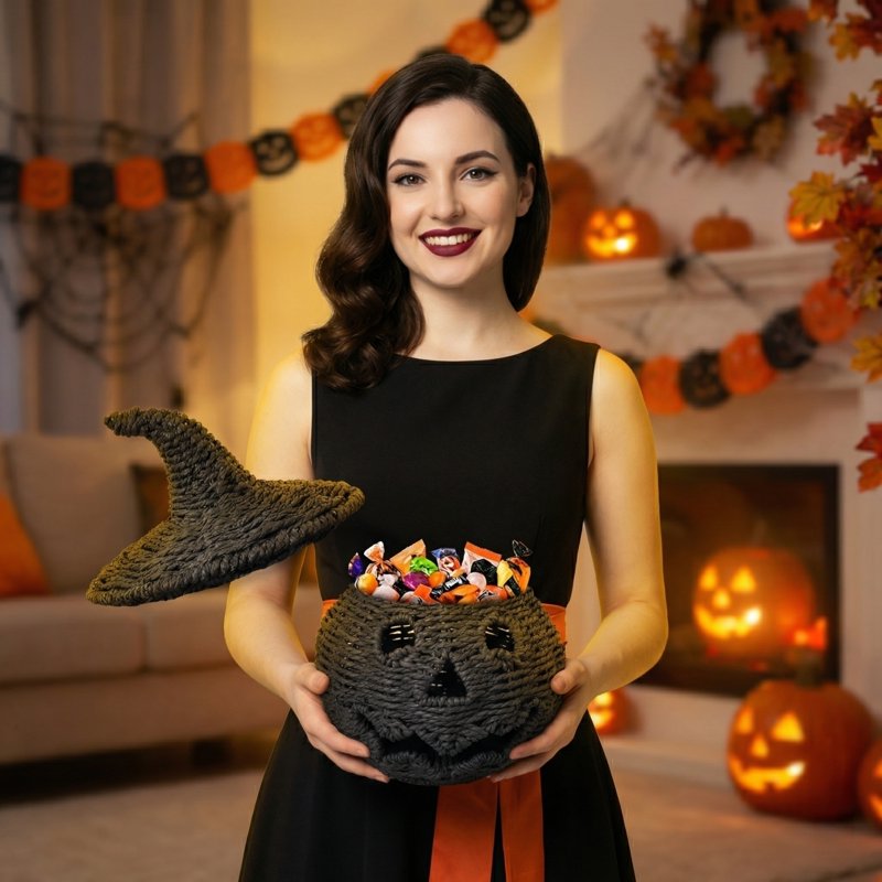 Halloween Woven Seagrass Pumpkin Storage Basket with Lid - 10.2 Inch, Black, Rustic Home Decor - Variation of This Listing