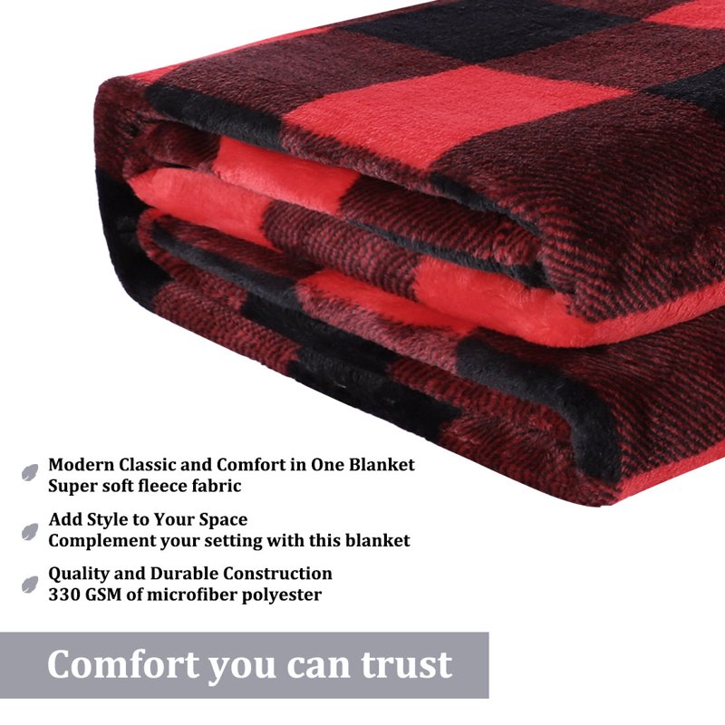 Plaid Plush Fleece Blanket for Sofa Couch Bed - Scarlet & Black 60x78"