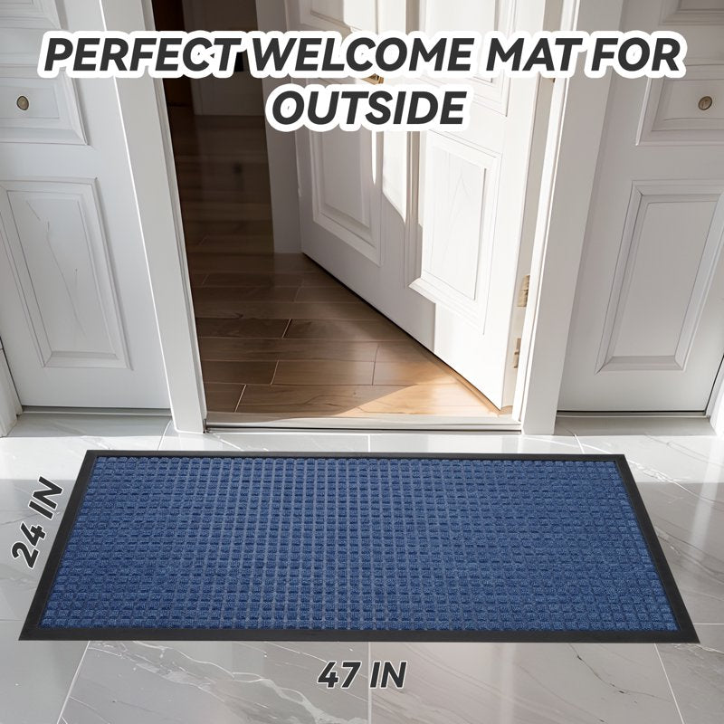 Outdoor Doormat Non Slip Rubber Welcome Mat 24x47 Checker Light Blue - Dirt Trapper