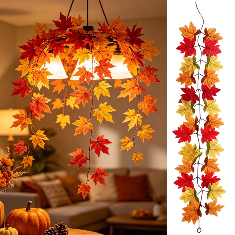 Thanksgiving Fall Maple Garland with Pumpkin Picks - 40in Artificial Leaf Vine, Autumn Decor for Fireplace & Porch - Orange V