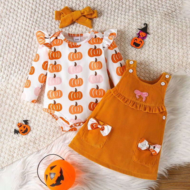 Baby Girl Halloween Pumpkin Romper & Headband Set - A12-Orange, 0-3 Months