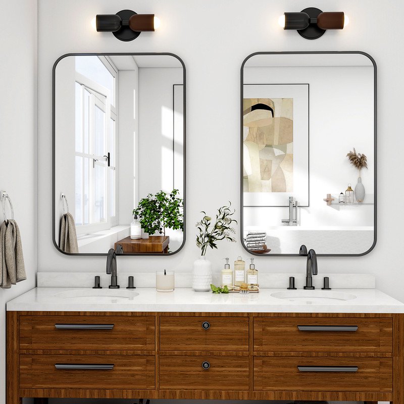 Bathroom Mirror 36x24 Inches Wall-Mounted Rectangular Vanity Mirror Black Rounded Corners