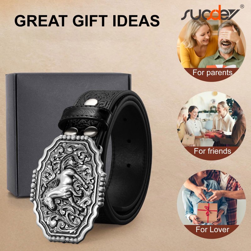 A-Black Slivery Horse Buckle Western Leather Belt for Men & Women 35-38 Inch Waist