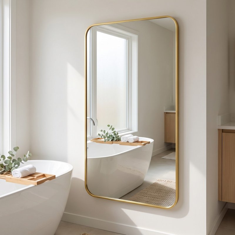 Bathroom Mirror 55x30 Inch Wall-Mounted Rectangular Vanity Mirror with Rounded Corners - Gold
