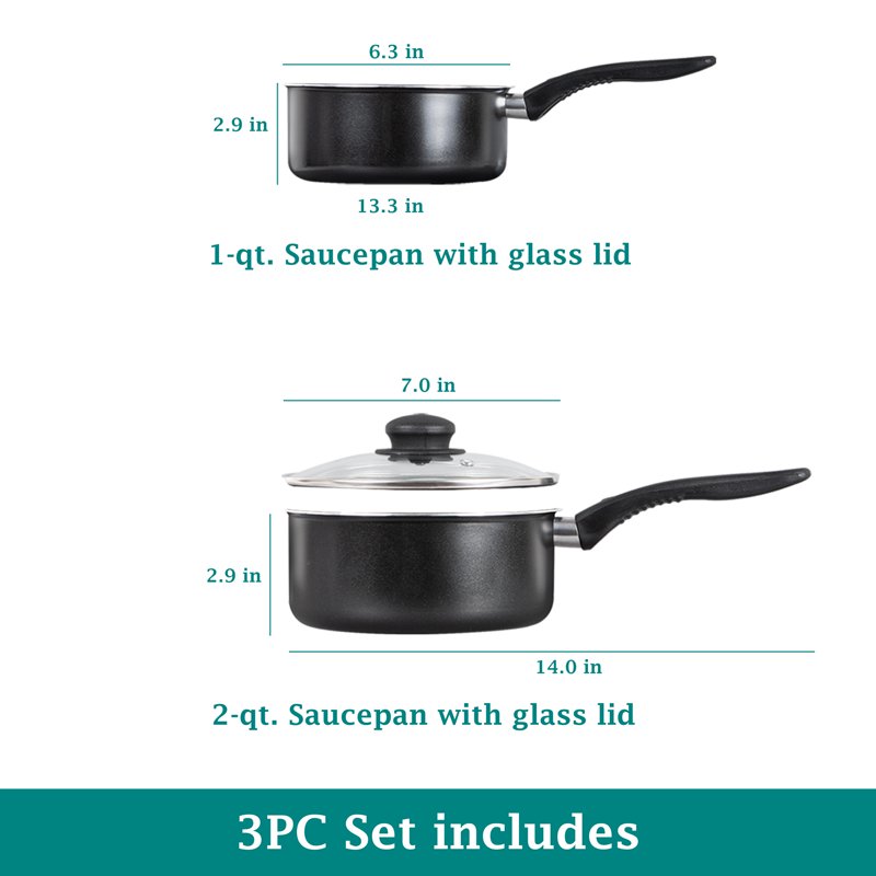 3-Piece Non-Stick Sauce Pan Set - 1Qt & 2Qt with Lid